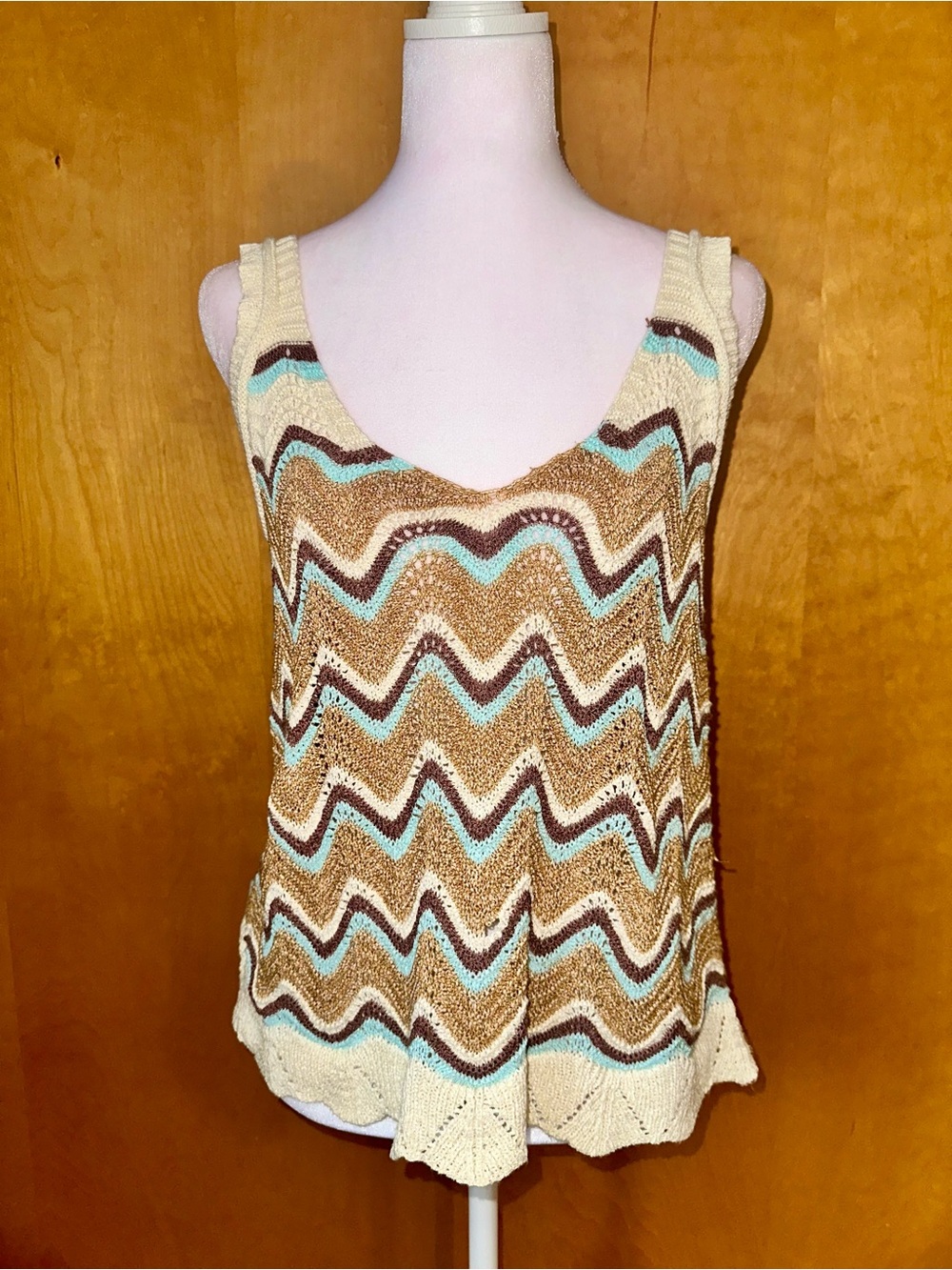 Anthropologie Cream, Brown & Aqua Zigzag Knit Tank Top